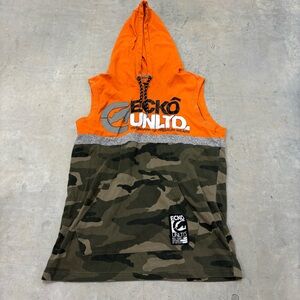 MENS SMALL ECKO UNLTD‎ ORANGE/BLUE CAMO SLEEVELESS HOODED SHIRT